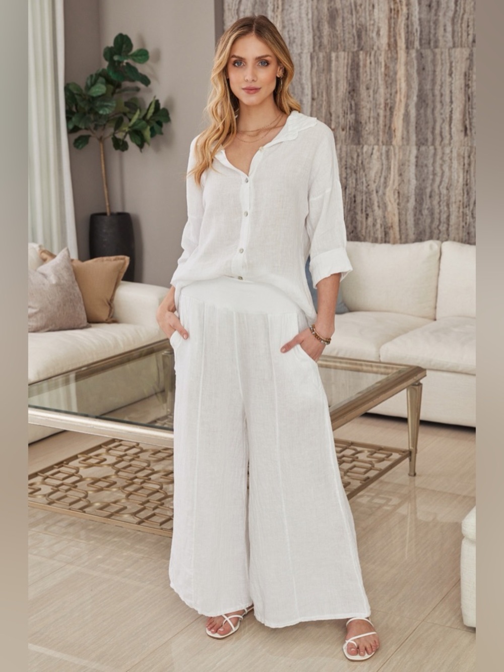 (18931-WHT)  LINEN SEAM STITCH DETAIL WIDE LEG PANTS - Picture 4 of 4